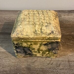 Vintage Textured Decorative Box Ceramic Pottery - Green Beige Blue 4.75x4